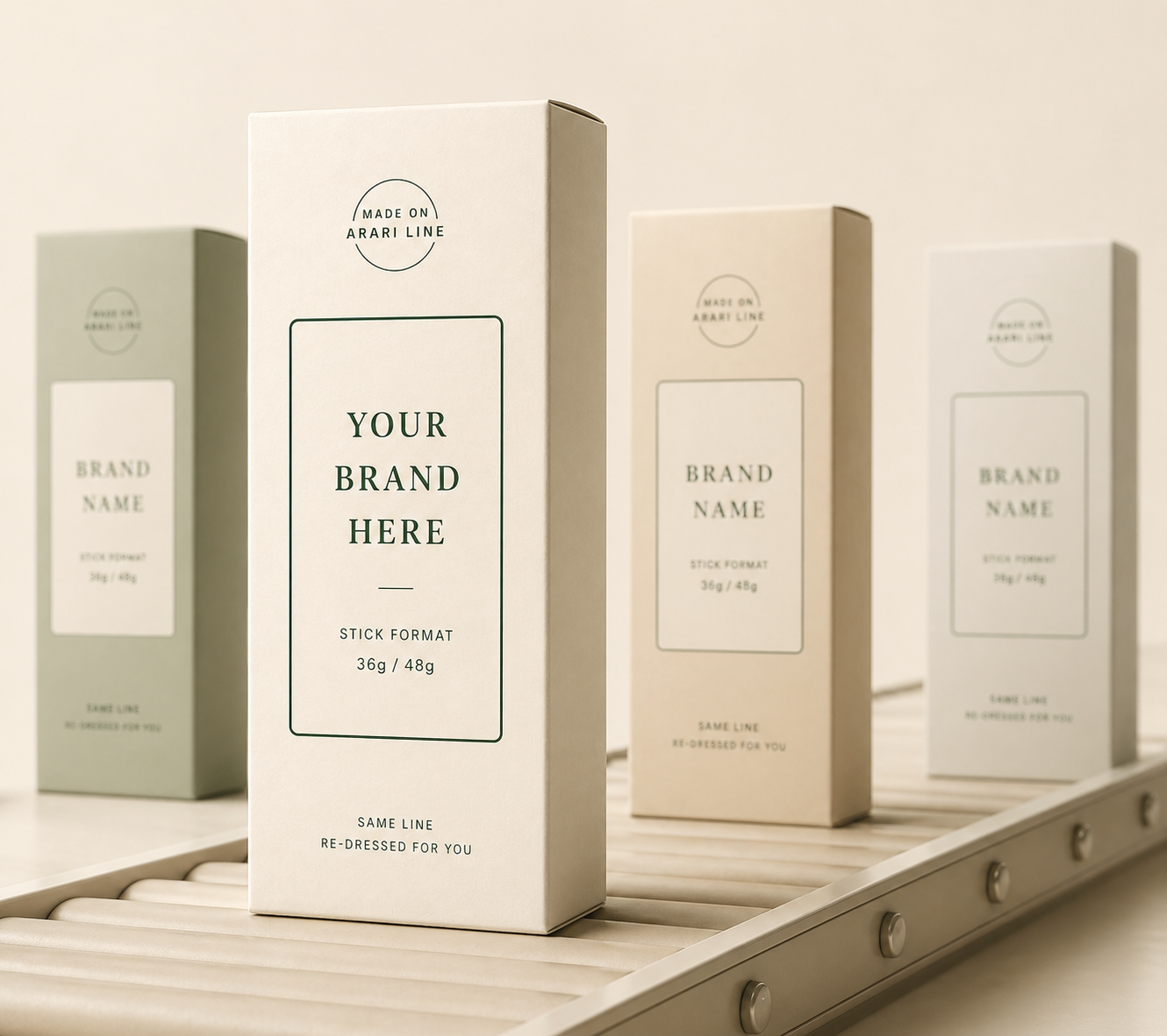 White-label OEM cartons on a conveyor — same Yantai line, re-dressed for the partner brand