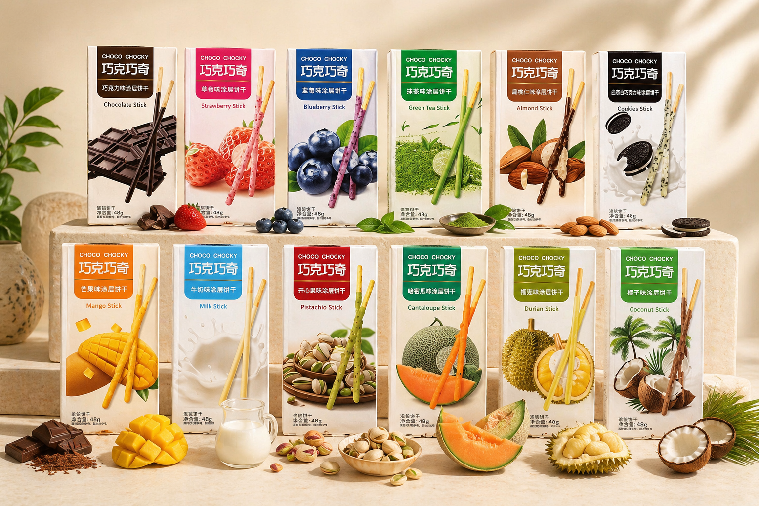 Choco Chocky full lineup — 12 flavors across 48g flagship and 36g compact retail packs, styled with the actual ingredients beside each pack